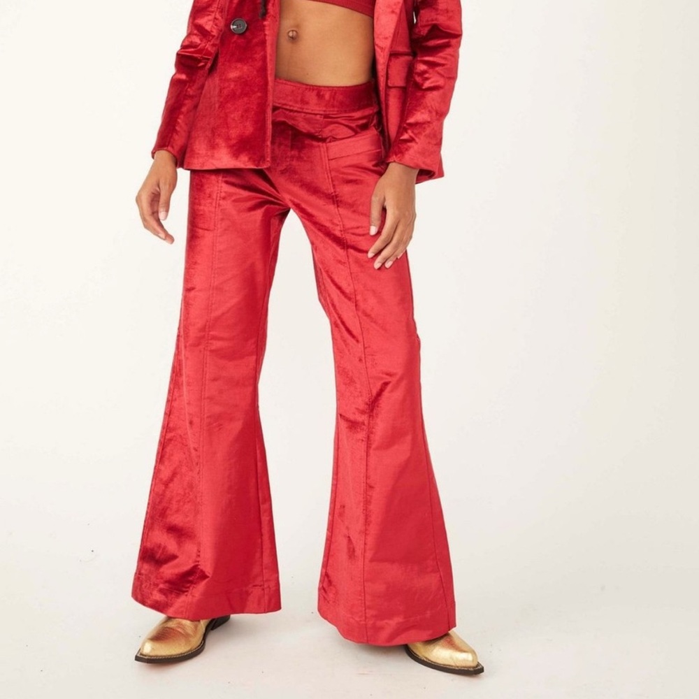 Free People Walk With You Velvet Trousers Women's Size 8 Red Wide Leg Pants
